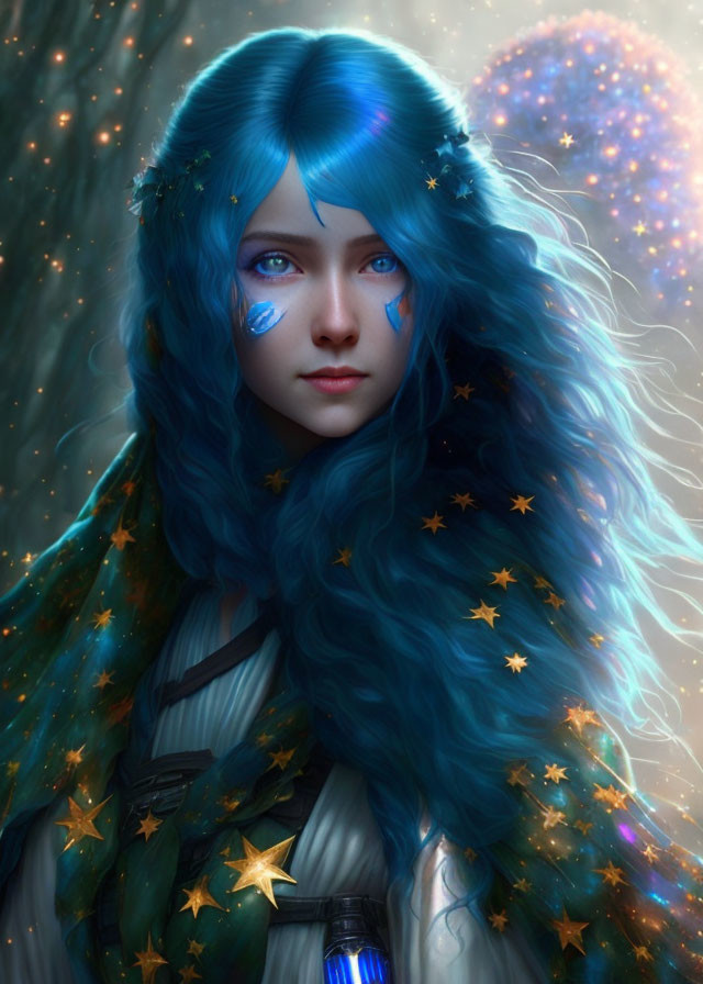 Digital Artwork: Woman with Blue Hair and Stars in Celestial Setting