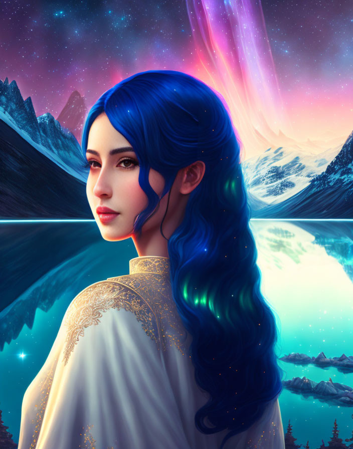 Vibrant blue-haired woman in digital artwork against mountain backdrop