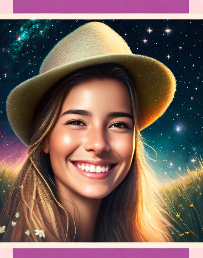 Smiling woman in straw hat under starry night sky