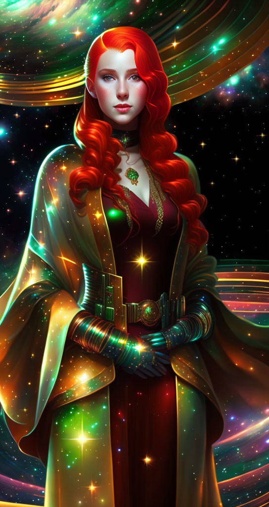 Red-haired woman in futuristic space scene with green cloak and glowing elements