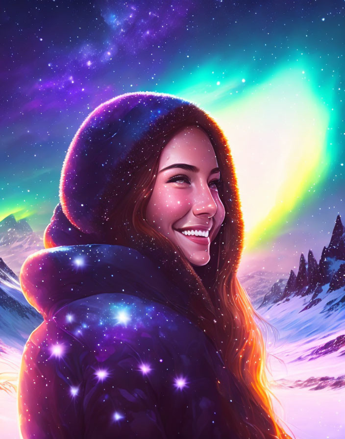 Smiling woman in starry jacket with aurora borealis and snowy mountains