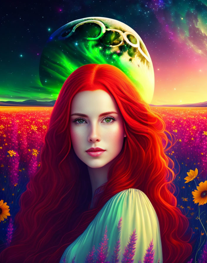 Digital art: Woman with red hair in cosmic scene