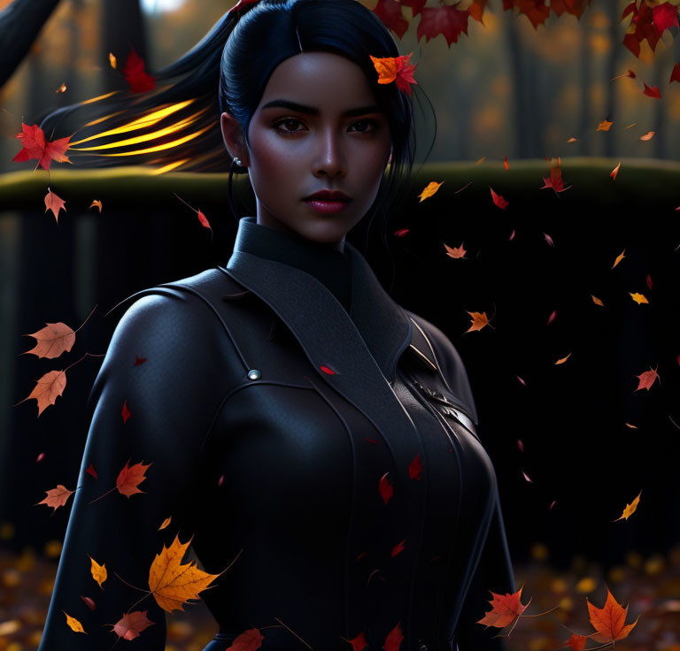 Digital artwork: Woman with black hair in autumn setting