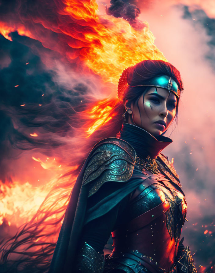 Warrior woman in ornate armor facing blazing inferno