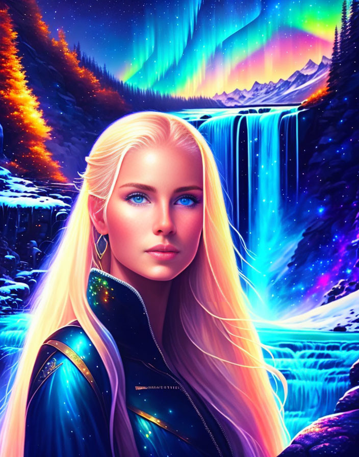 Blonde Woman in Cosmic Outfit with Aurora and Waterfall