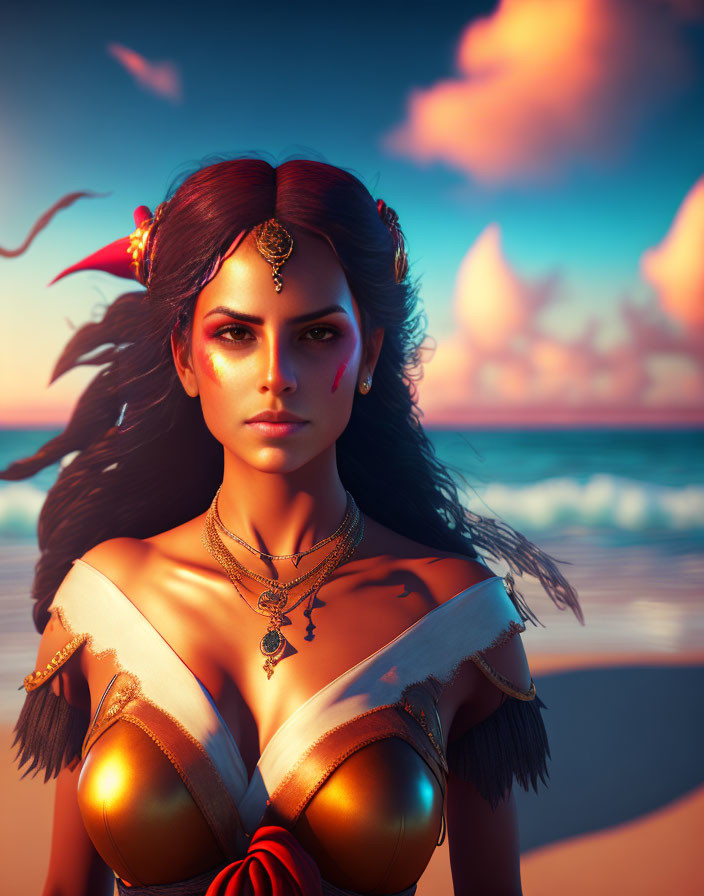 Fantasy-themed woman in red and gold jewelry on beach at sunset