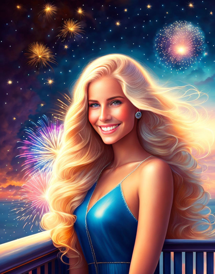 Blonde woman smiling under starry night sky and fireworks