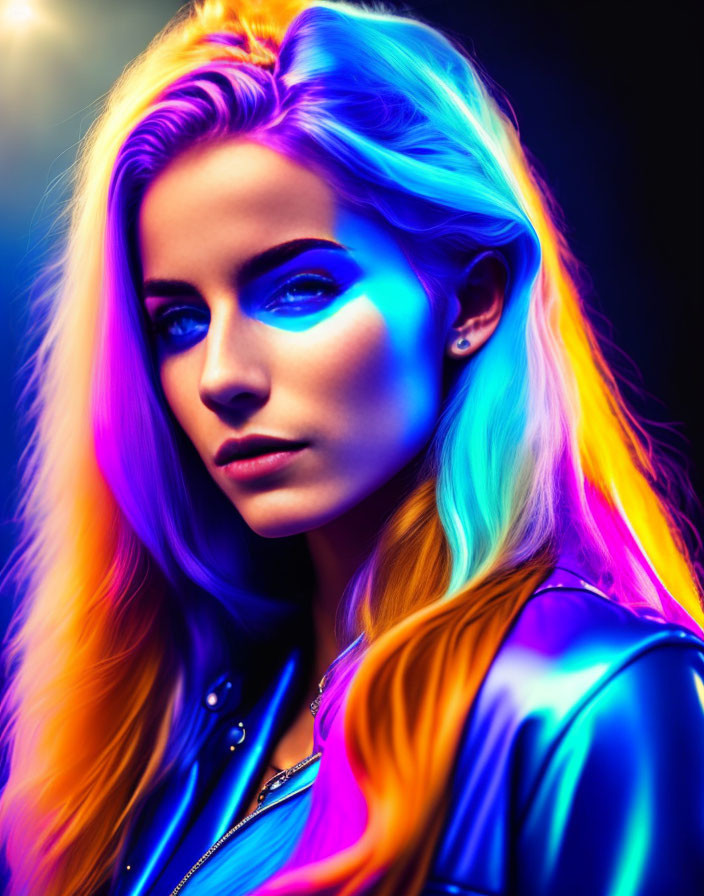 Vibrant neon-lit portrait of woman with blue, purple, and orange hues