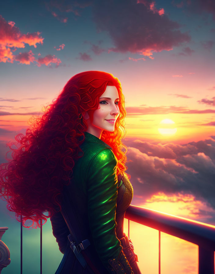 Long Curly Red Hair Woman Smiling at Sunset