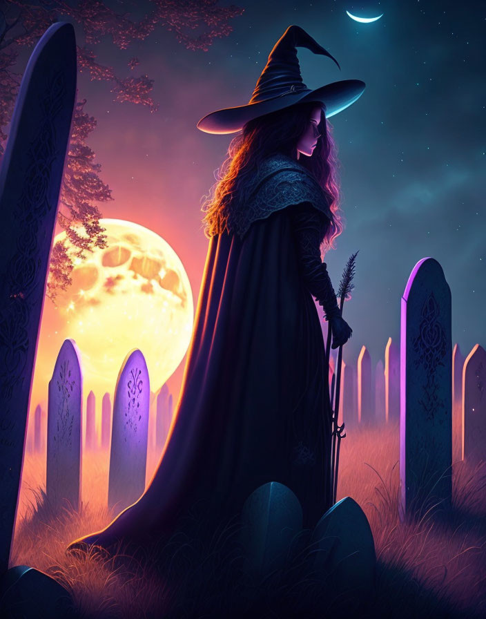 Witch with staff in cemetery under crescent moon