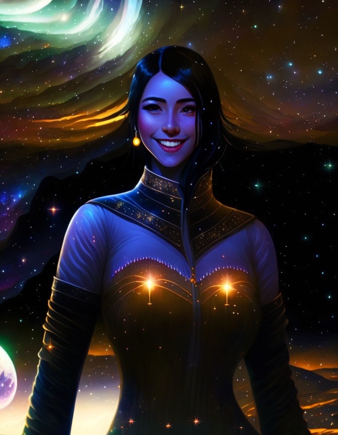 Smiling woman in futuristic suit on cosmic background