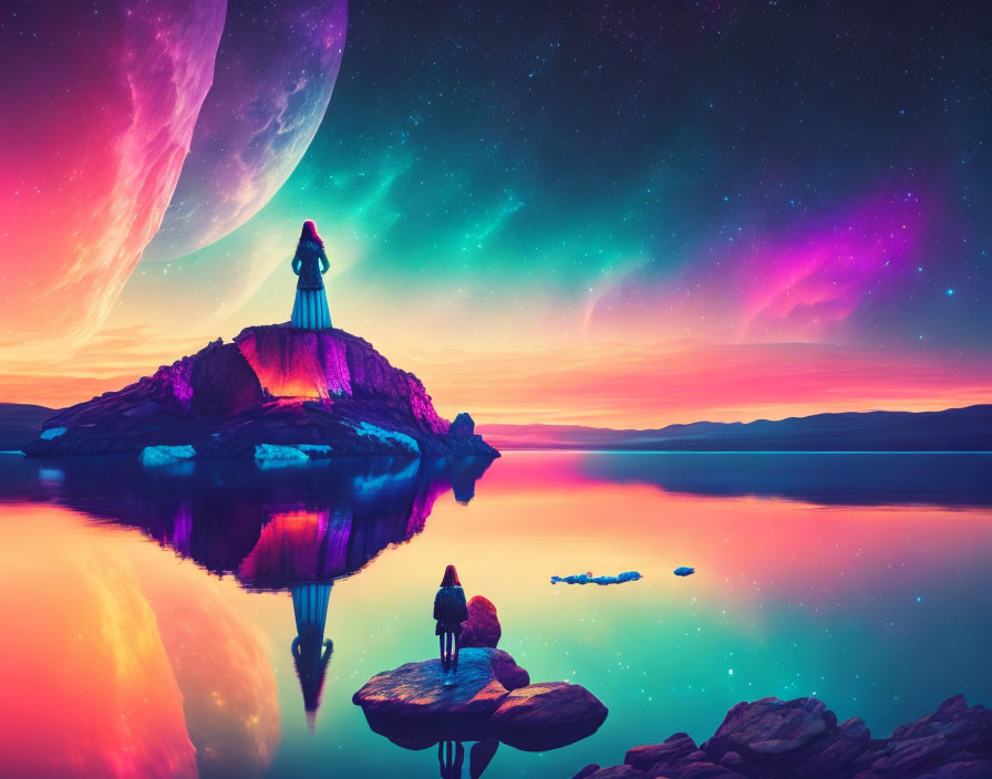 Vibrant surreal landscape with giant moon and figures observing