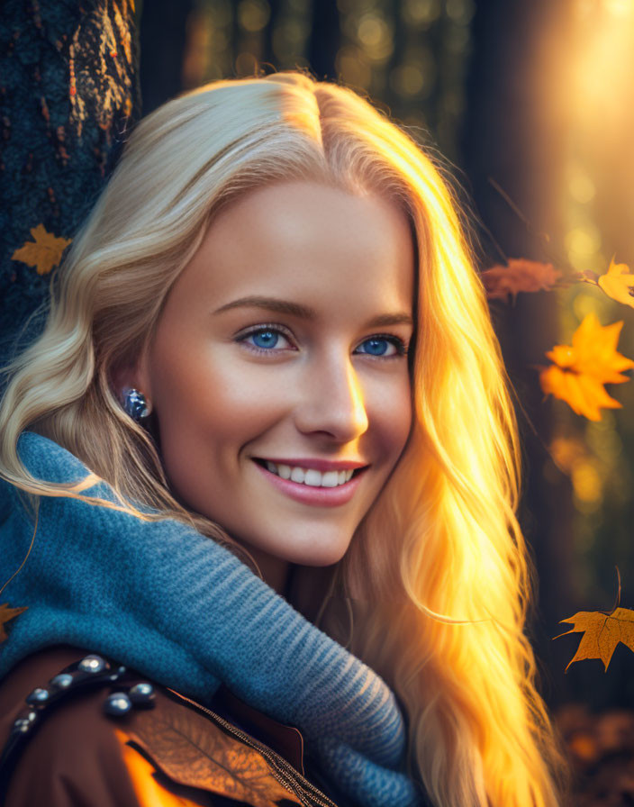 Blonde Woman Smiling in Autumn Forest