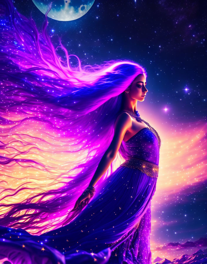 Mystical woman with long purple hair in cosmic setting