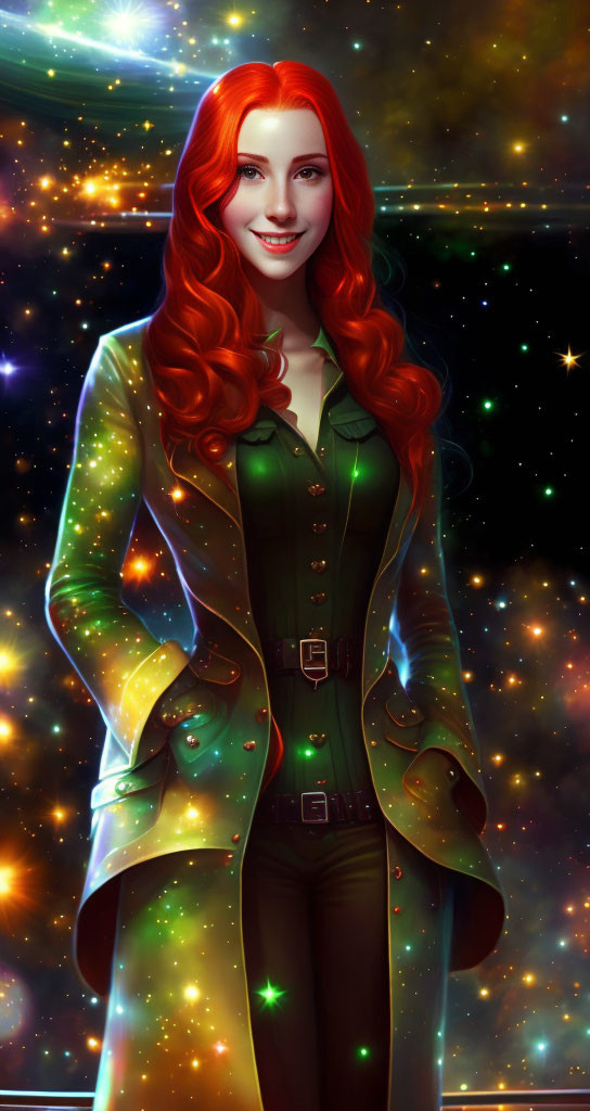 Smiling woman with long red hair in green coat on starry background