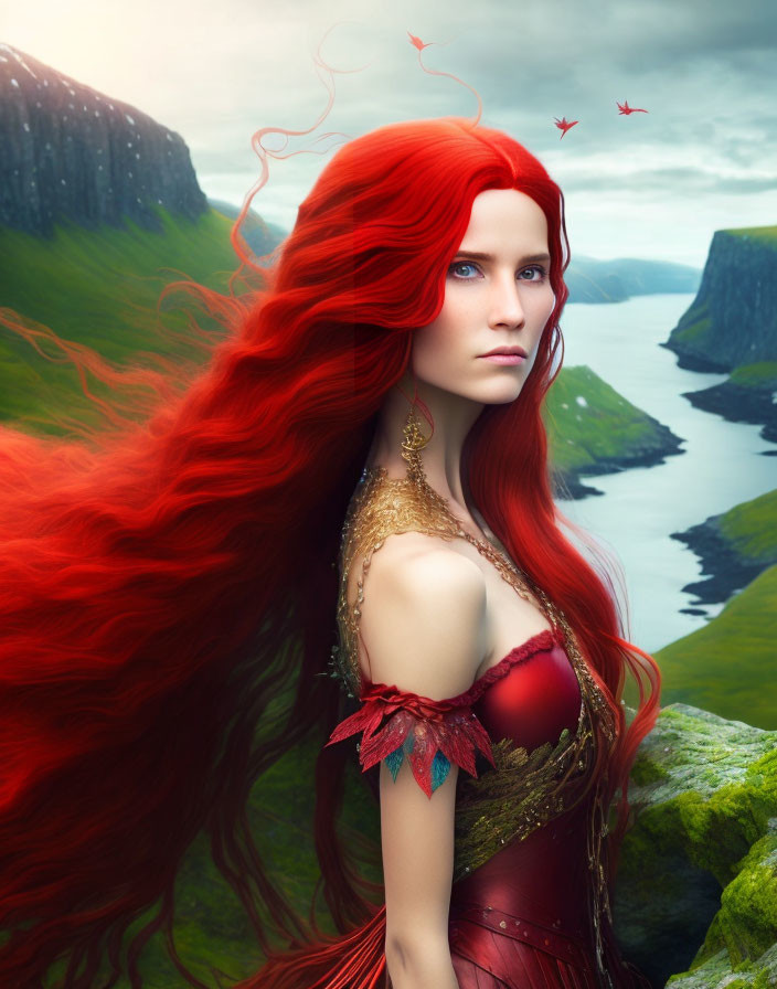 Digital artwork: Woman with red hair and dress, overlooking green cliffs and river