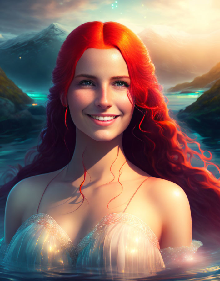 Red-haired woman smiling in fantasy landscape with turquoise waters and sunset sky