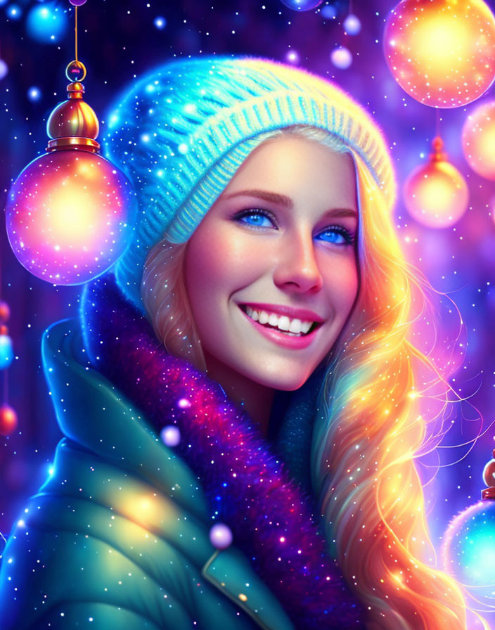 Smiling woman in blue beanie and scarf with holiday lights