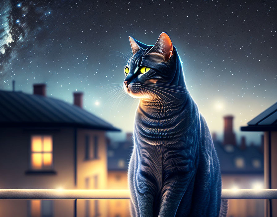 Anthropomorphic cat in cloak on balcony under starry sky