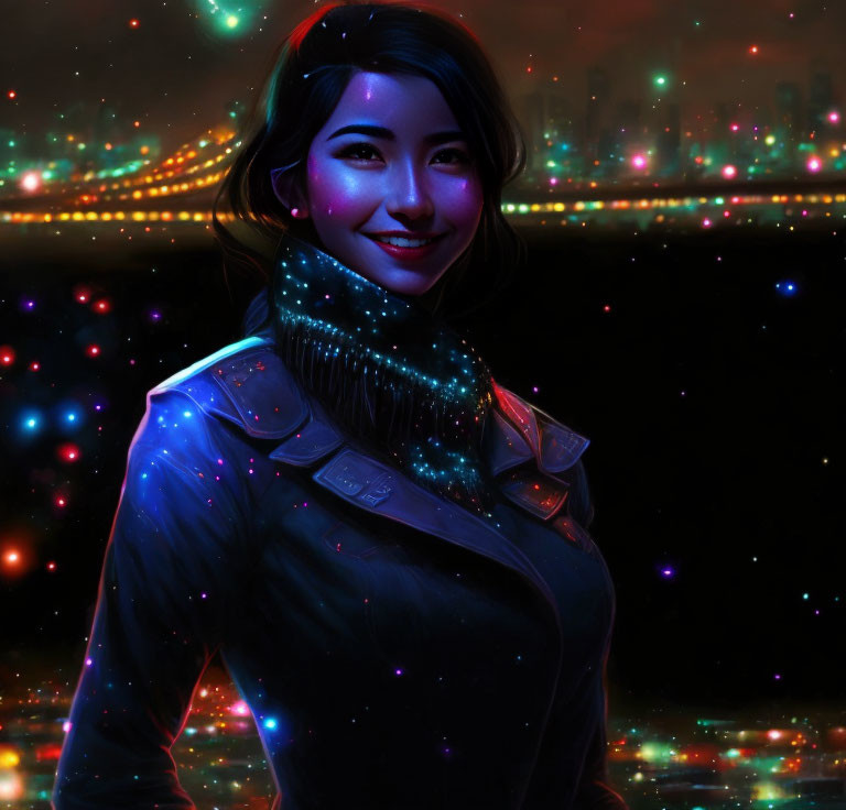 Smiling woman in futuristic jacket against neon cityscape