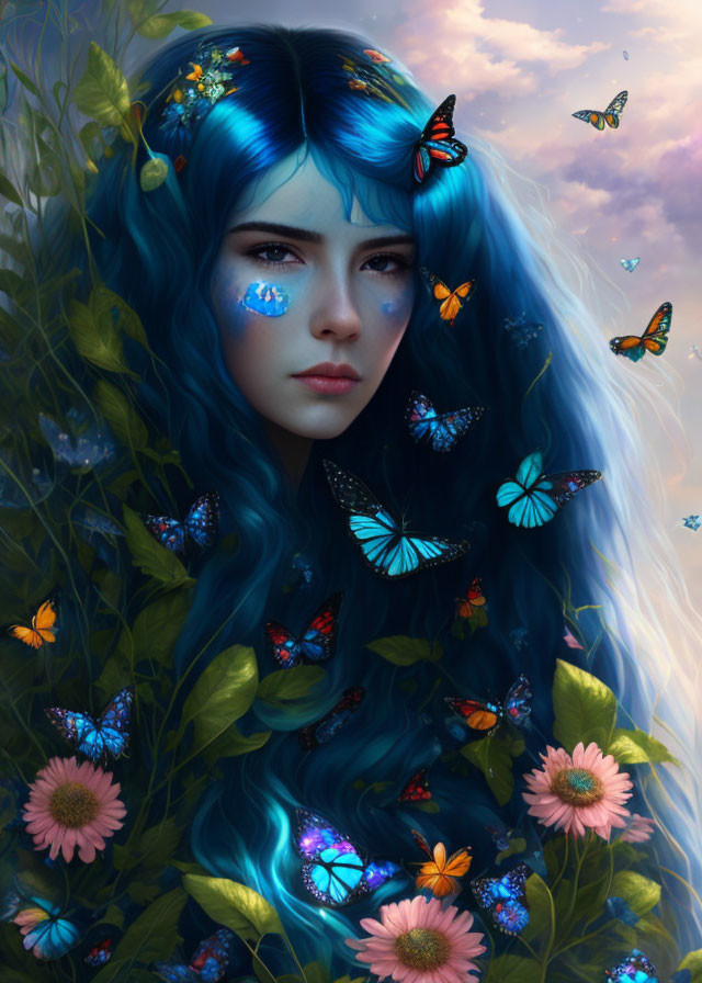 Colorful fantasy illustration: person with blue hair, butterflies, lush greenery, flowers