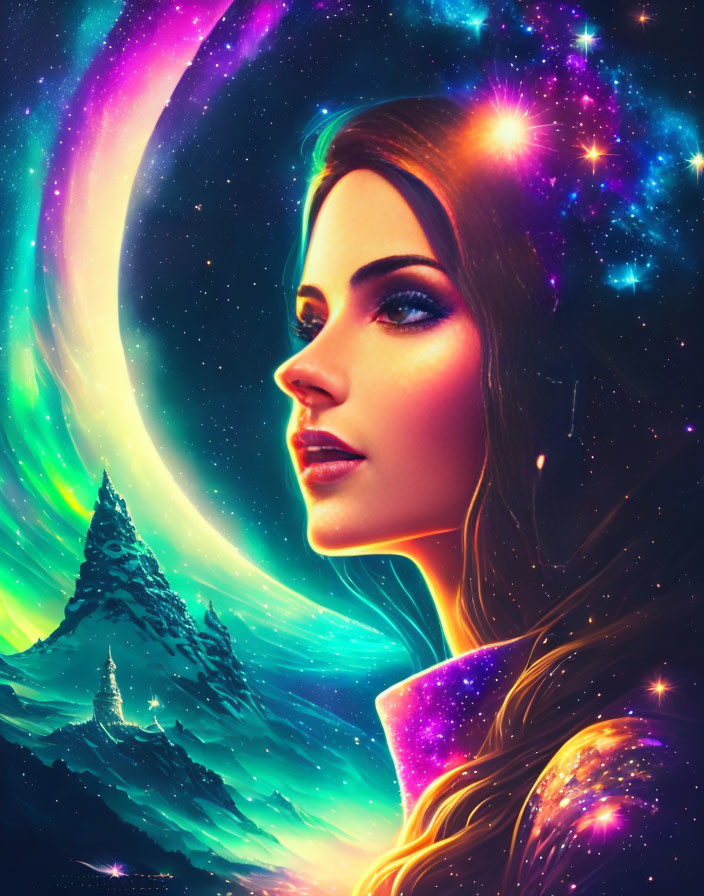 Profile of a woman merging with cosmic background of vibrant auroras, stars, and mountain landscape