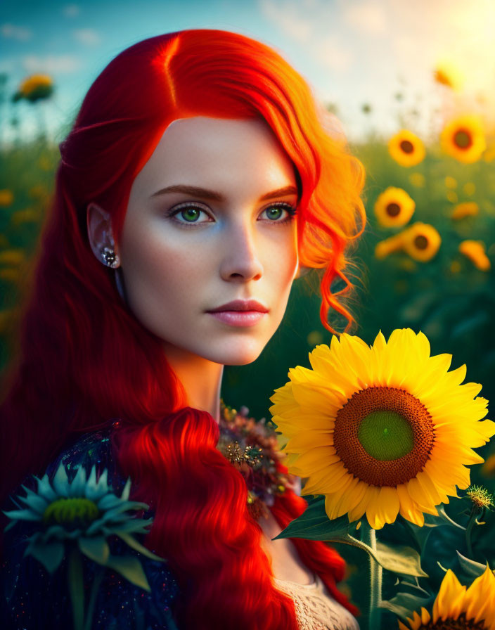 Red-haired woman in sunflower field under warm sunlight