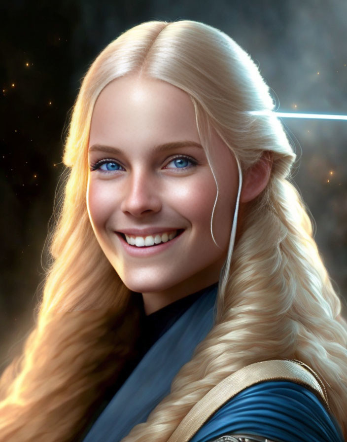 Portrait of smiling woman with long blonde hair and blue eyes in blue garment against starry backdrop