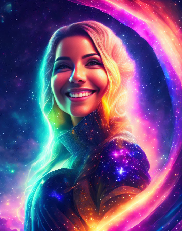 Smiling woman surrounded by vivid cosmic colors