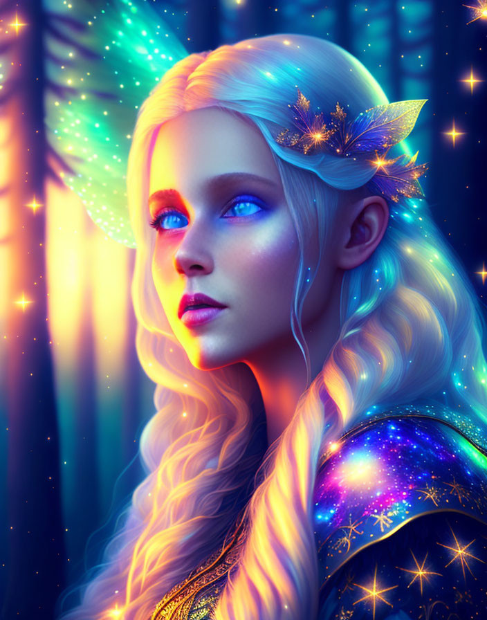 Ethereal elf-like figure with blue eyes, gold tiara, star-patterned cloak, in