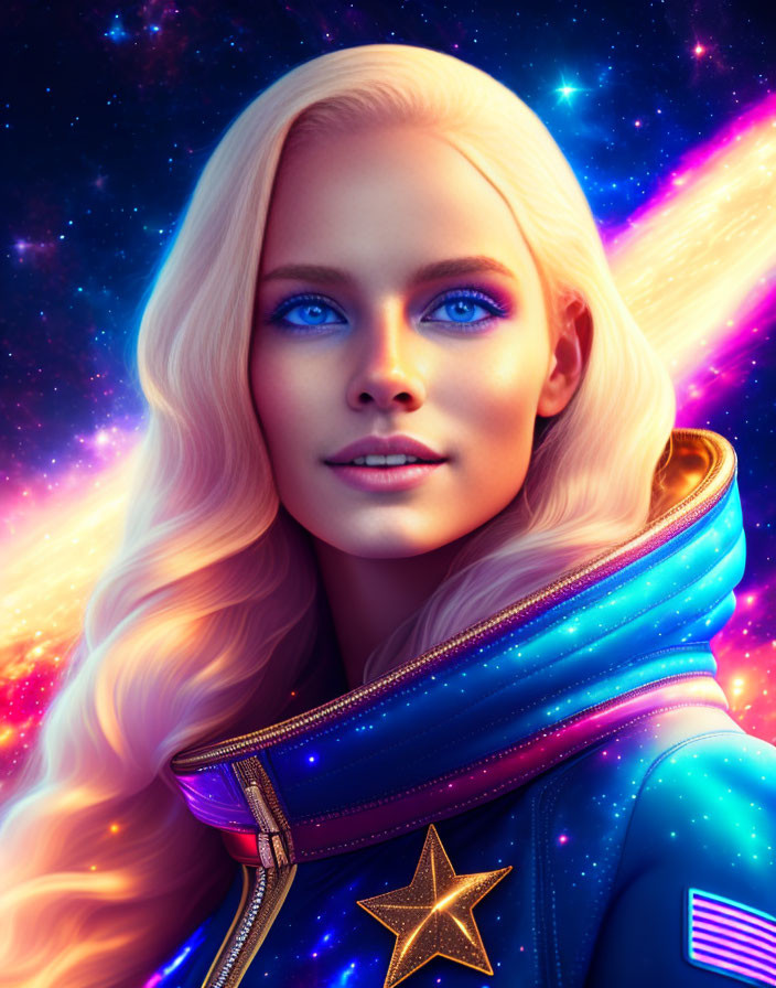 Blonde Woman in Futuristic Space Suit Against Cosmic Background