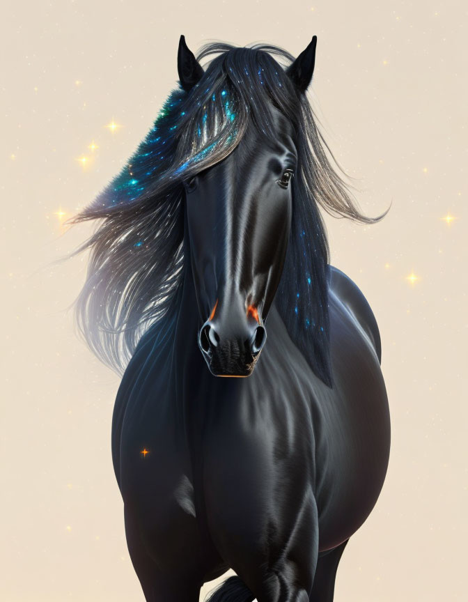 Majestic Black Horse with Blue Streaks and Glowing Sparkles