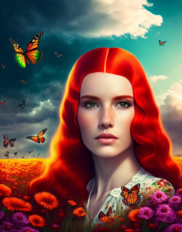 Red-haired woman with butterflies in a flower field under dramatic sky