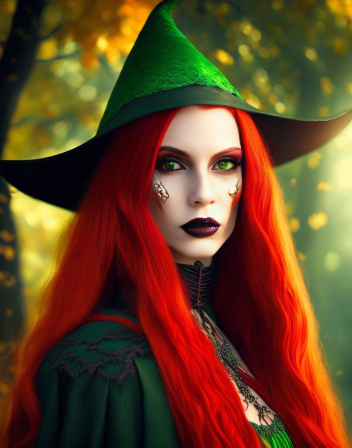 Vibrant red hair and green eyes in fantasy makeup with witch hat in autumn setting