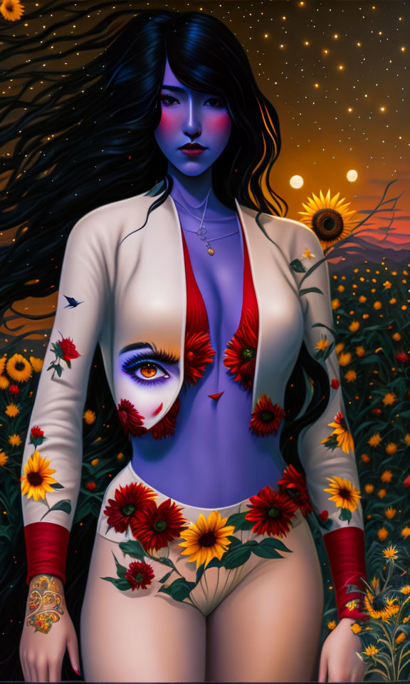 Blue-skinned woman in sunflower field: digital art with floral tattoos, flowing hair, and red