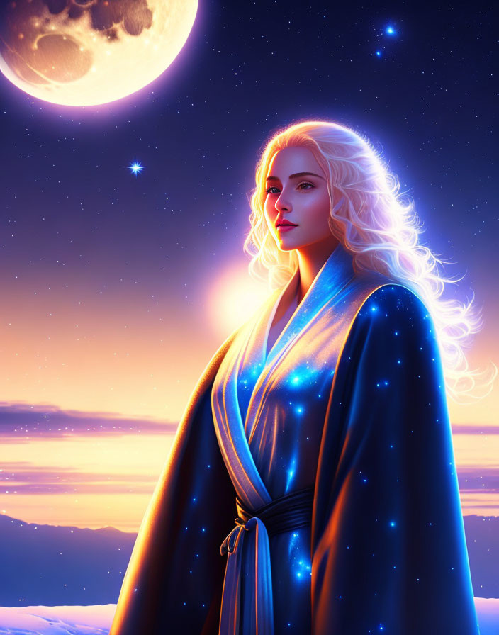 Platinum blonde woman in starry cloak under moonlit sky