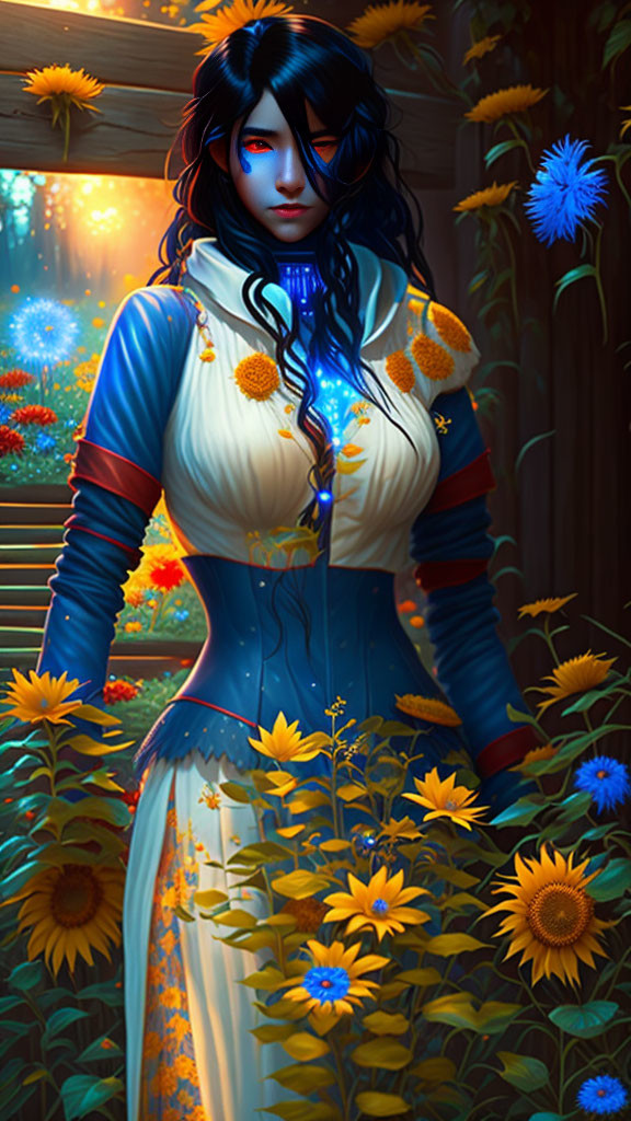 Blue-skinned female figure in nature-themed outfit among vibrant flowers