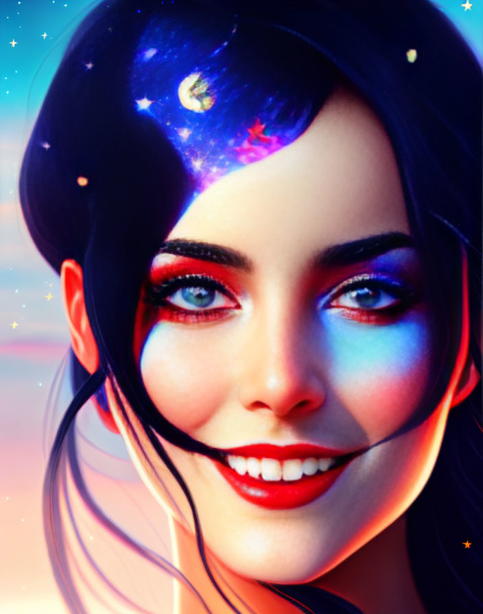 Smiling woman digital art portrait with cosmic-themed hair