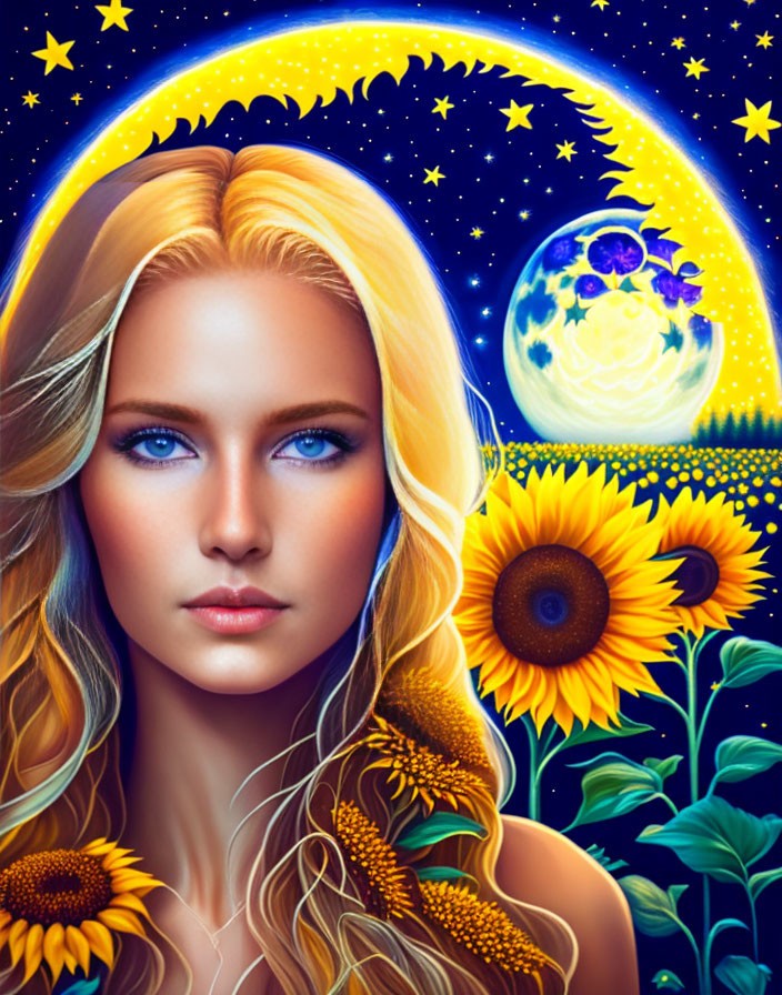 Colorful woman with blue eyes in sunflower field under starry sky