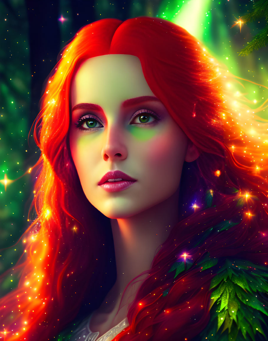 Digital art portrait of woman with red hair and green eyes in twinkling lights and emerald ambiance