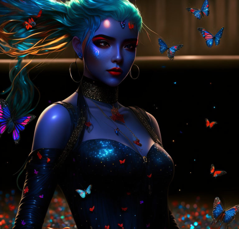 Blue-skinned woman with butterflies, star outfit, and red eyes.