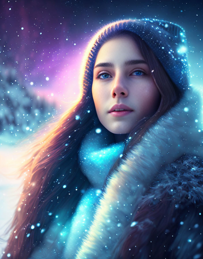 Blue-eyed woman in hooded coat and scarf gazes in snowy twilight.