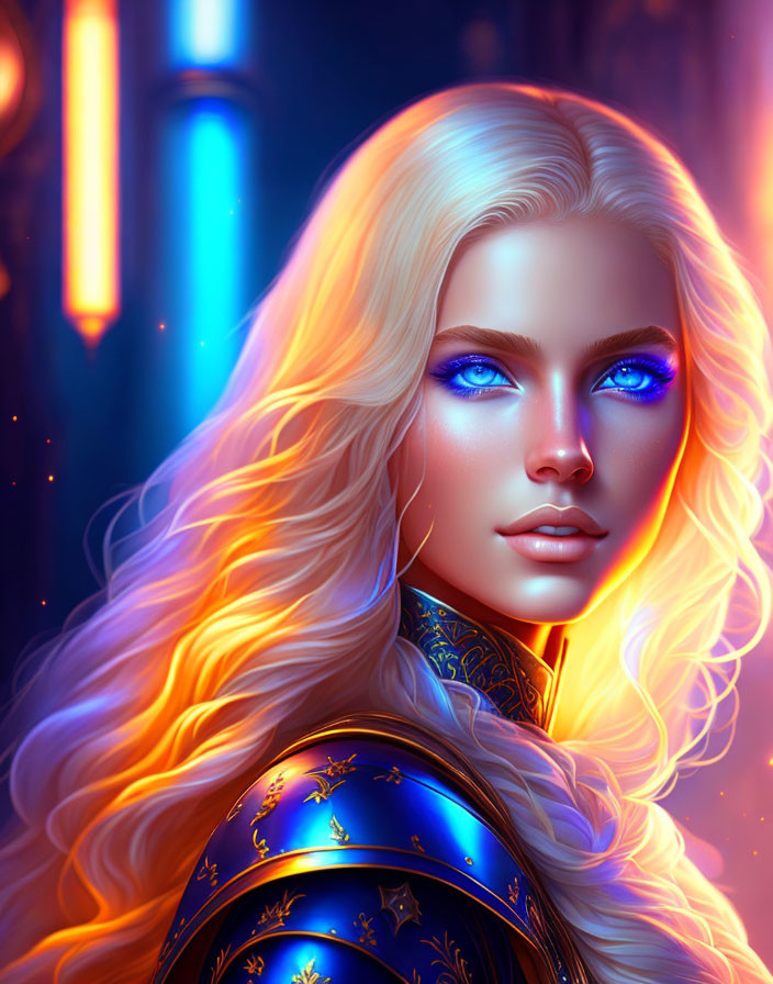 Portrait of woman with blue eyes and blonde hair in ornate blue armor on neon-lit background