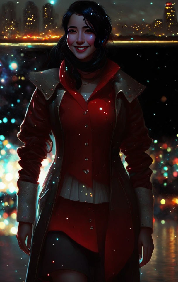 Smiling woman in stylish winter coat against night cityscape