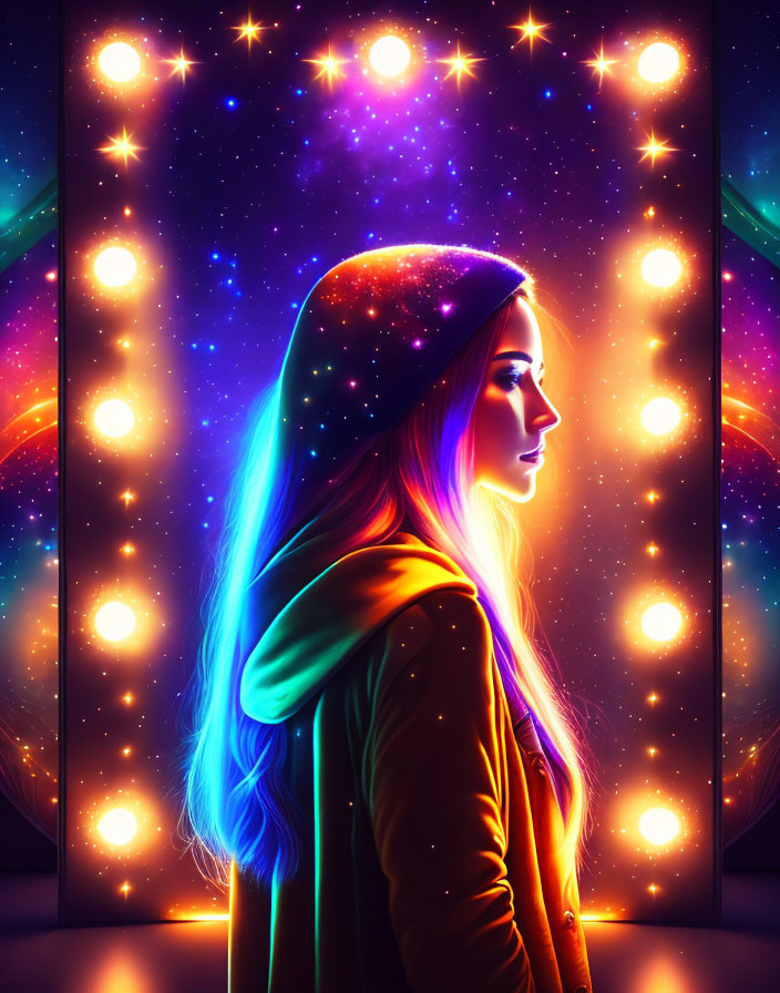 Colorful digital artwork: Woman in profile with cosmic hood and nebula backdrop