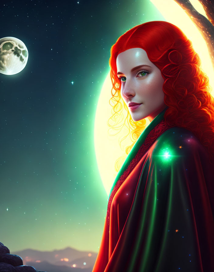 Red-haired woman in cosmic scene with stars, moon, and aurora.