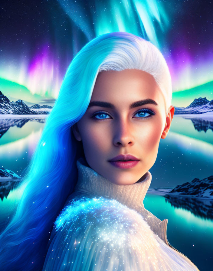 Woman with blue eyes and white hair in northern lights scenery