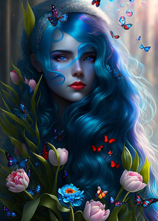 Digital artwork: Woman with vibrant blue hair, butterflies, flowers, blue eyes, fantasy theme