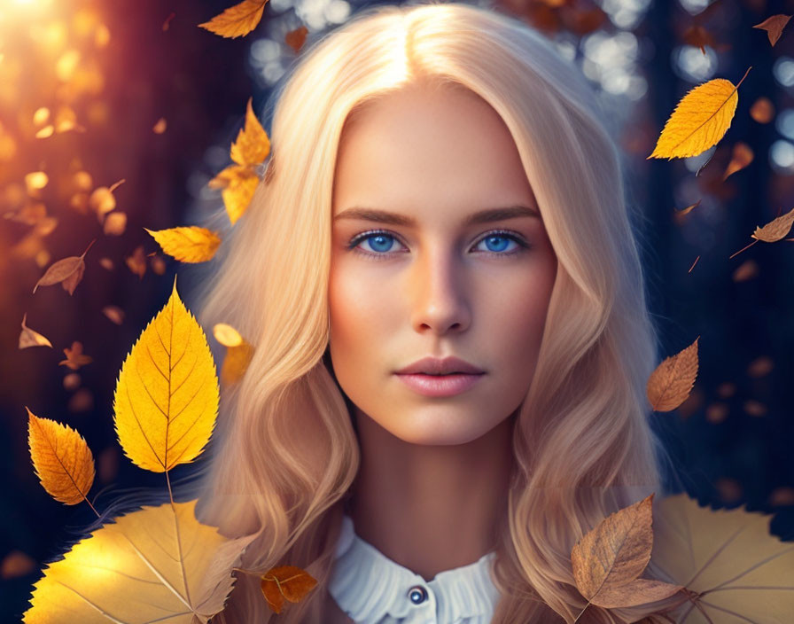 Blonde Woman with Blue Eyes in Autumn Forest with Golden Leaves