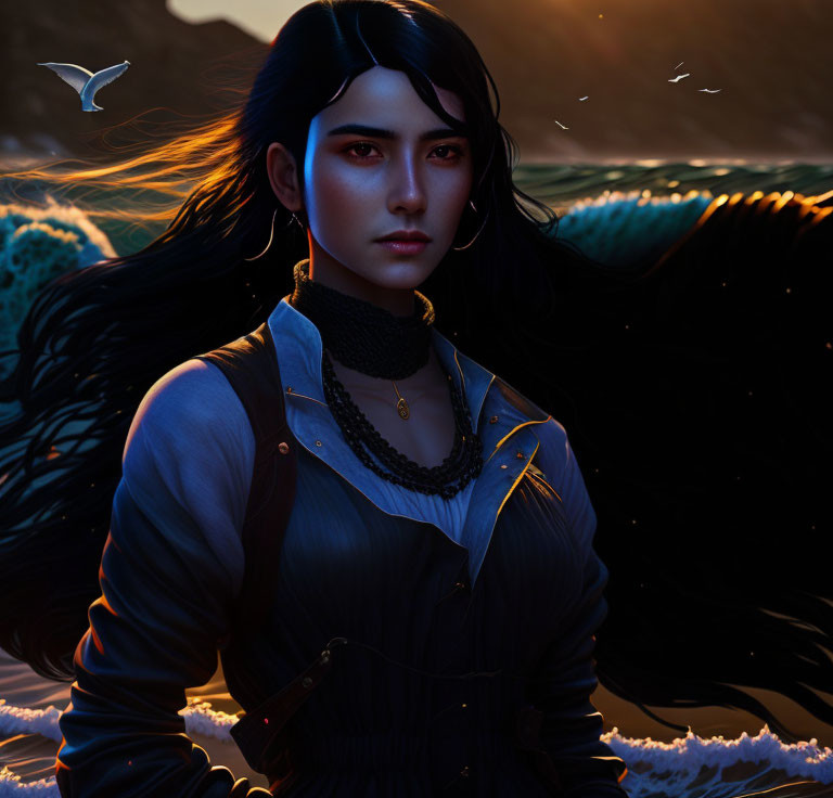 Digital art: Woman with dark hair against ocean waves and twilight sky